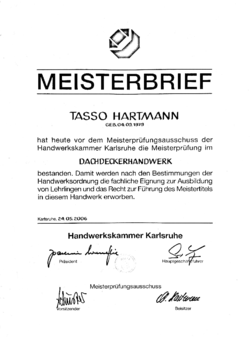 Meisterbrief Tasso Hartmann Dachdeckermeister